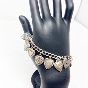 705 Vintage Heart Sterling Silver Charm Bracelet With 14 Charms